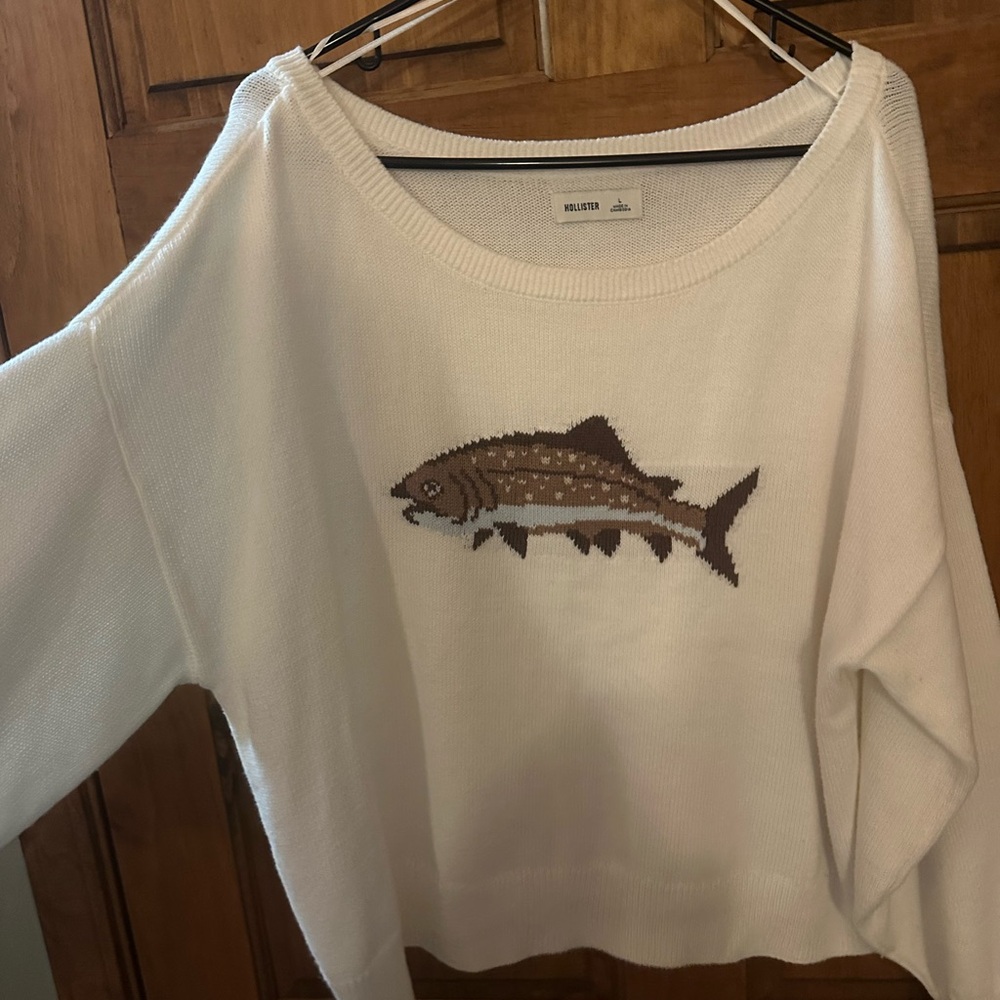 Hollister Cream Crewneck trout Sweater Fish Motif Size large - Picture 4 of 6